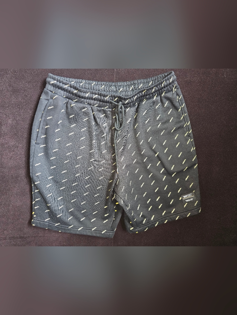 Wesc Black Sweat Shorts with Yellow 'Vibes' Pattern Men's M / Women's L